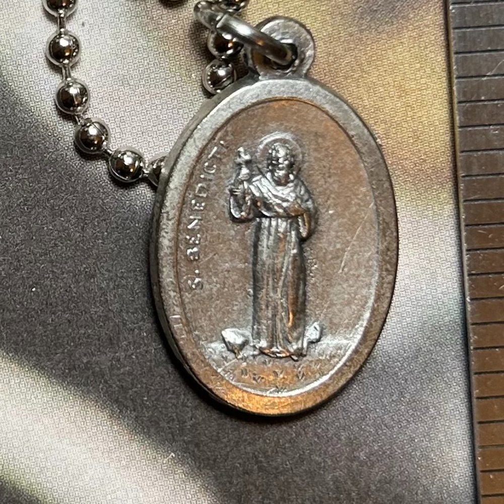 Saint St Benedict Italy Religious Medal on Long Steel Chain Necklace